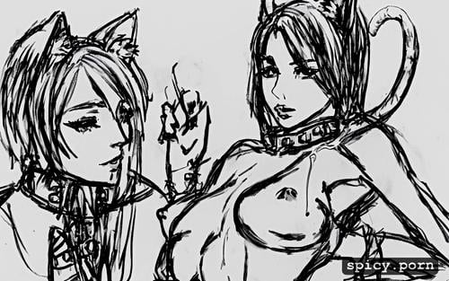 sketch, spiked collar, cat ears, tail, perfect body, seductive