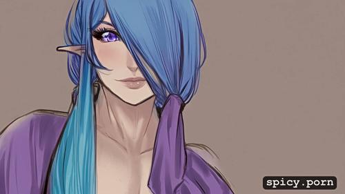 purple eyes, full body, highres, hy1ac9ok2rqr, blue hair, elf