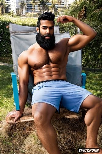 he is sitting on a chair, hairy, muscular, arms up, 8k shot on canon dslr
