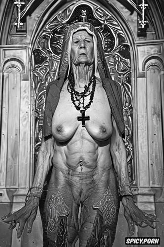 cross necklace, detailed face, pierced nipples, cathedral, ribs showing