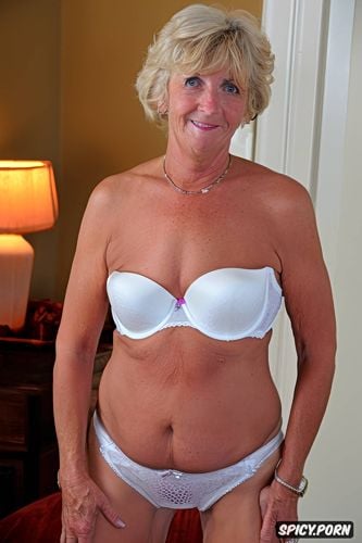 bra and panties, standing, thin seventy year old woman, white pubic hair