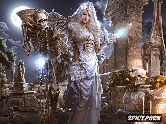 cemetery, moonlight, halloween, photo realistic, full shot, skeleton cosplay