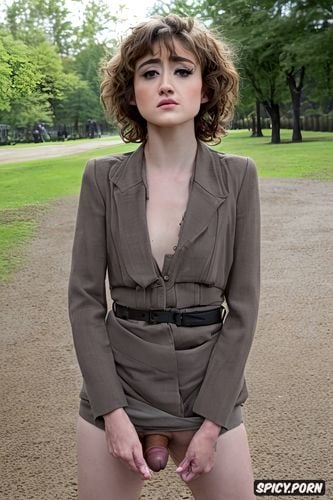 short messy brown hair with bangs, natalia dyer, futanari, nude in a public park