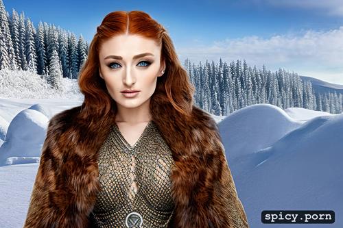 realistic, wearing see through realistic chainmail, snowy landscape