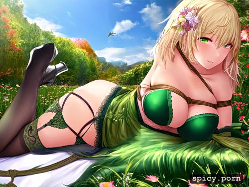 hair flower, flowing robe, blonde hair, bed in open field, sheer green robe