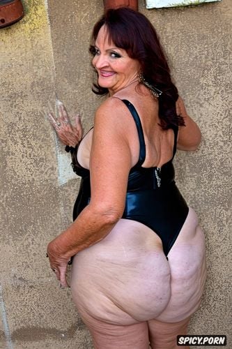 masterpiece, in a back alley, fat wide hips, enormous round ass