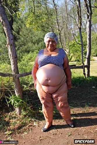 she has a big obese plump belly and shrink boobs, this granny have short hair