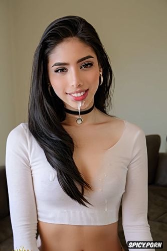 choker, beautiful, looking at you, seductive, high quality professional photograph of a gorgeous spanish teen female making you cum pov