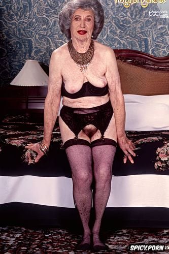 ninety year old, wrinkled face and body, big saggy tits, background bedroom