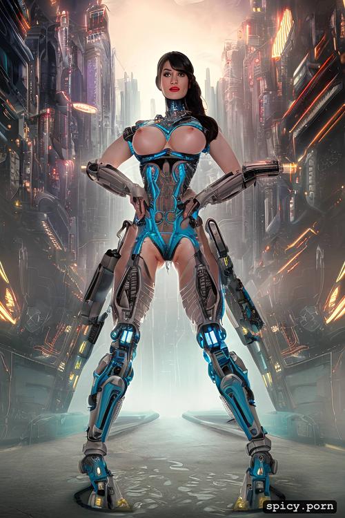 showing pussy, robotic legs cyan painted, cleavage, dynamic angle style