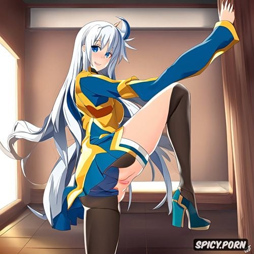 uncensored, blue eyes, white thigh highs, detached sleeves, female