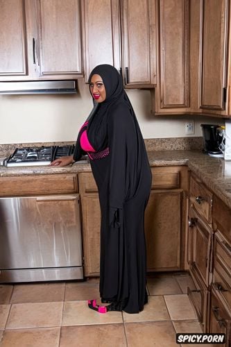 fat traditional arabic dress and hijab, standing in kitchen