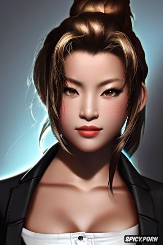 ultra detailed, ultra realistic, aerith gainsborough final fantasy vii rebirth black blazer white shirt shirt unbuttoned soft lights beautiful face asian skin tone portrait