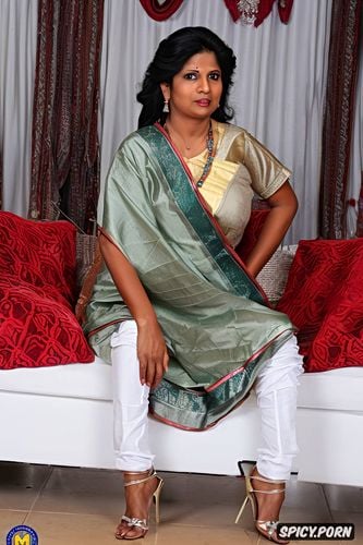 long layered hair, fifty something, mature indian cougar, in bedroom in traditional indian attire wearing saree