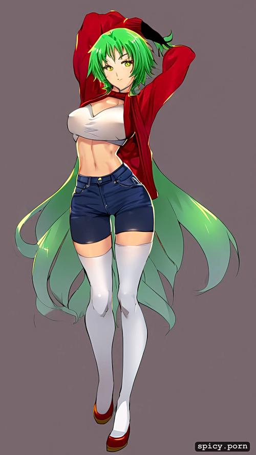 black stockings, anime woman, sexy, 18yo, jeans shorts, red sleeves