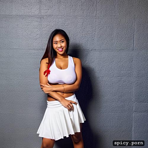 white tank top, cute malay teen, standing straight against wall