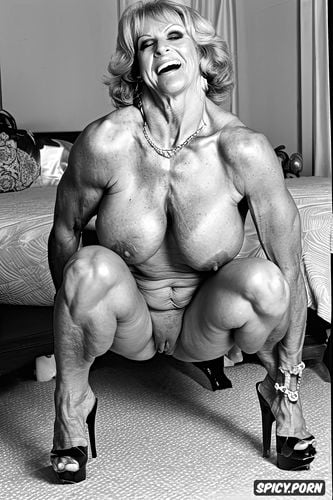 massive body building gilf, super hot sexy granny, squatting in bedroom