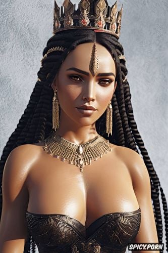 long raven black hair in twin braids, flowing royal gown, ultra realistic