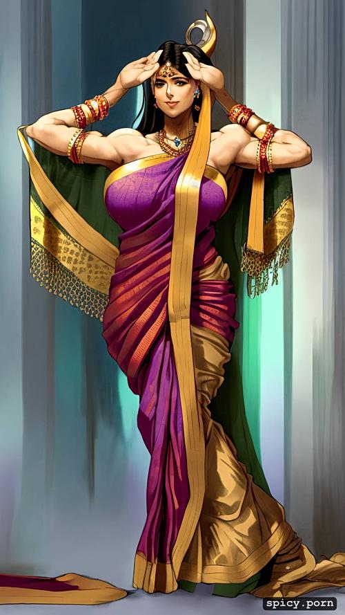 strong biceps, strong legs, tall, long legs, strong body, saree