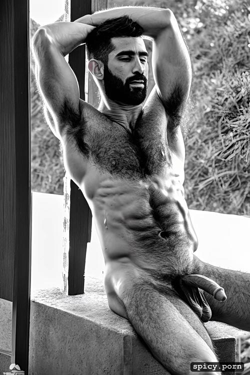 he is sitting on a chair, hairy athletic body, one alone naked athletic arab man