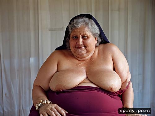 long hairs, wrinkly body, super obese arabic old granny, naked