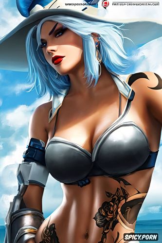 topless, ultra realistic, ultra detailed, tattoos, ashe overwatch beautiful face full body shot