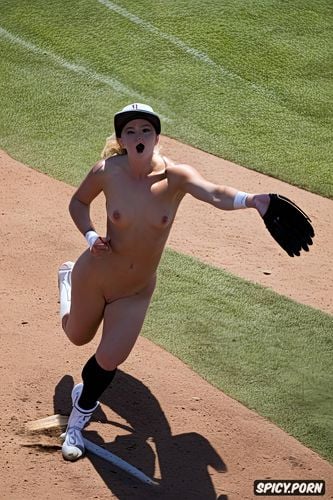 flaunting her nudity, naked teen blonde major league baseball ballgirl nude running while catching a baseball on the sidelines at a crowded bustling baseball game on a warm sunny day