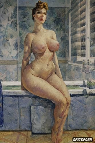 blushing woman with red lips and flushed cheeks in shady bathroom bathing intimate tender modern post impressionist fauves erotic art