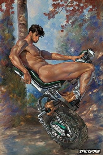 hot young male sitting on kawasaki motorcycle, long legs, egon schiele