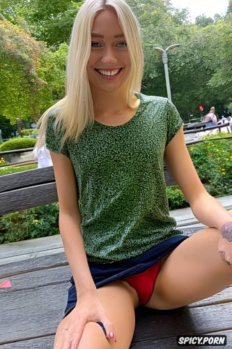 candid, sexy hot color photo of thin sexy blonde, beautiful smile outdoors on park bench close up zoom macro detailed image photography green