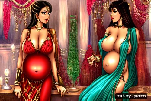 thin and short woman, 2 women pregnant, indian, gold jewlery
