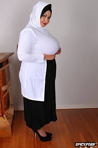 hijab, uniform is too tight for her big body, fat, huge tits