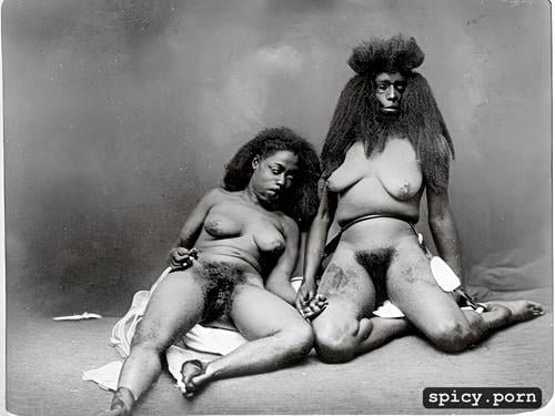 topless, black and white, small characters, spreading legs, very detailed hairy pussy