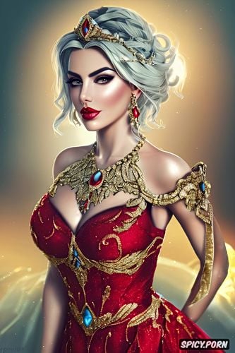 ashe overwatch beautiful face milf flowing low cut red ballgown gold and ruby tiara pouty portrait