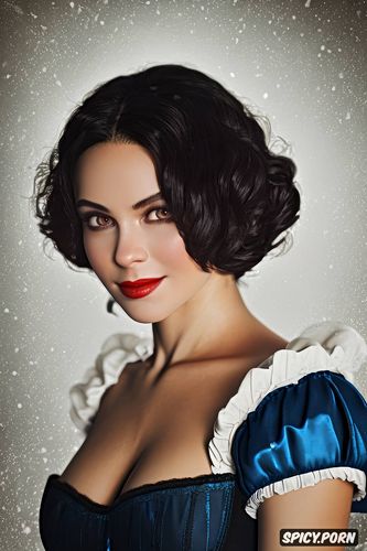 french dress, curly short black bob cut hair, shy smile, snow white and the seven dwarfs