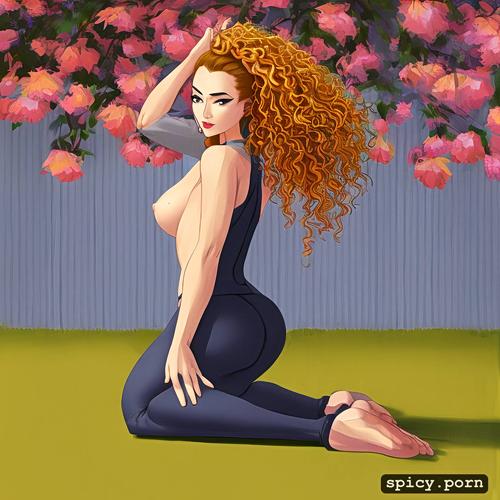 yellow curly hair, 18 yo, precise lineart, tits, full body, realistic