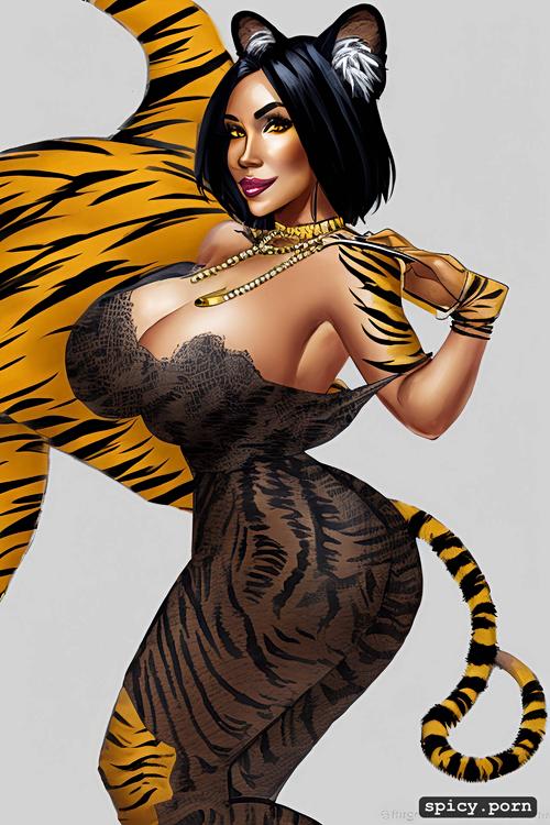 cat eyes, tiger snout, tiger ears, black hair, busty, 42 years old