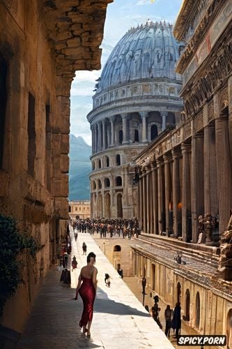 pale skin, historical roman buildings in the background, traditional woman from ancient rome