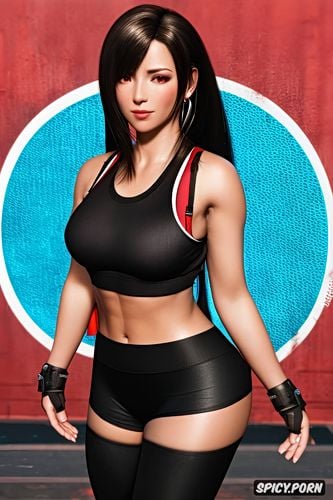 tifa lockhart final fantasy vii remake beautiful face tight red sports bra and black yoga pants on knees