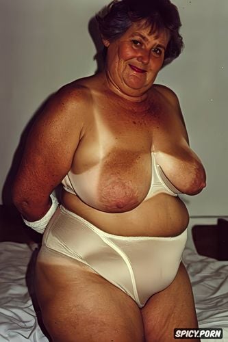 small breasts, granny, chubby body, on a bed, freckles, gilf