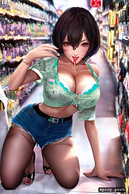 t shirt, athletic body, setting supermarket, 30 years old, large breasts