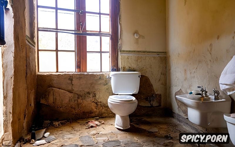 the toilet is in a neglected state, plastic bottles and other objects are scattered on the floor