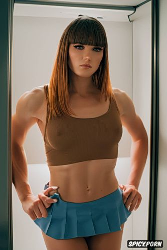 blue eyes, makeup, unbuttoned white shirt, teen russian female bodybuilder