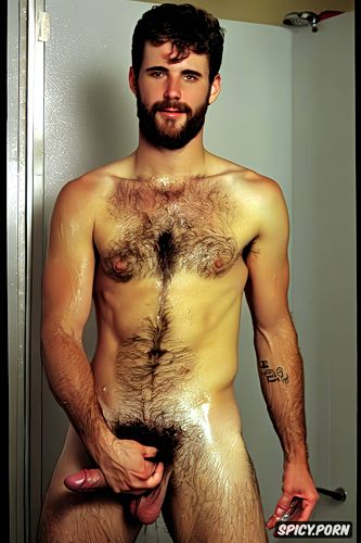 very white body, hands on back shower in locker room, lot of man with a very hairy dick dick soft and perfect face