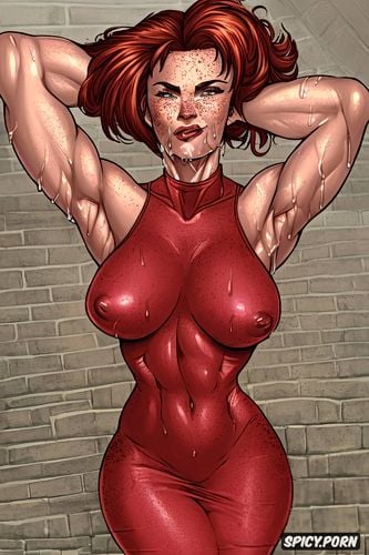 huge boobs, 30 years old, muscle, strong, milk, skin tight red dress