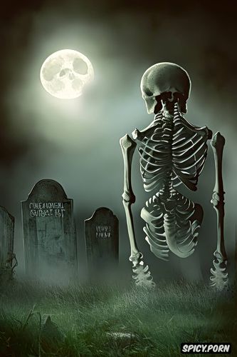 scary glowing walking human skeleton, some meters away, haunted graveyard at night