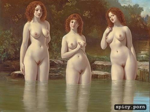 anatomically correct, early twenties, 3 bathing nymphs, naked