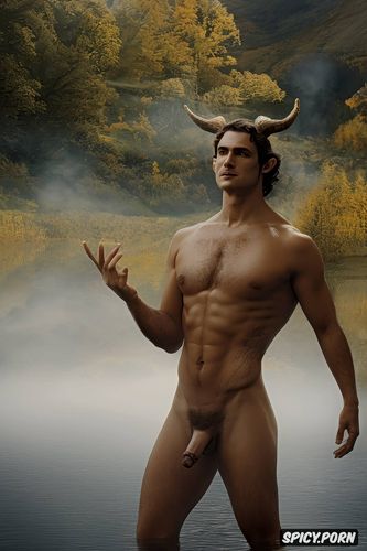 lake, naked body, perfect penis and testicles, curly hair, faun