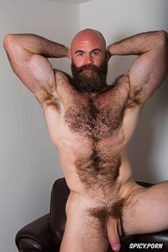 solo hairy gay muscular old man with a big dick showing full body and perfect face beard showing hairy armpits indoors beefy body