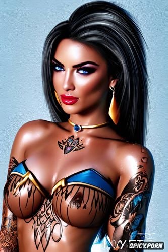 high resolution, k shot on canon dslr, tattoos masterpiece, ashe overwatch beautiful face young sexy low cut pocahontas lingerie